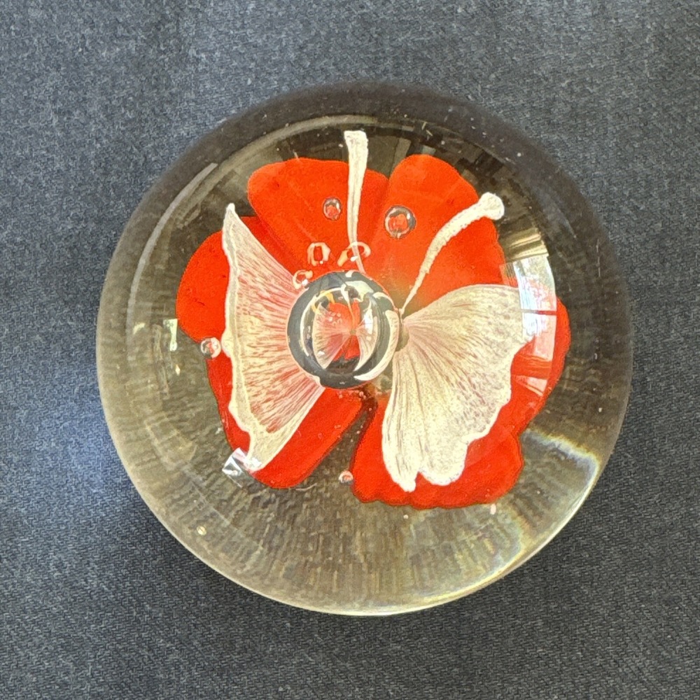 Vintage Art Glass Paperweight Tropical Orange White Flower Controlled Bubble - Picture 4 of 9